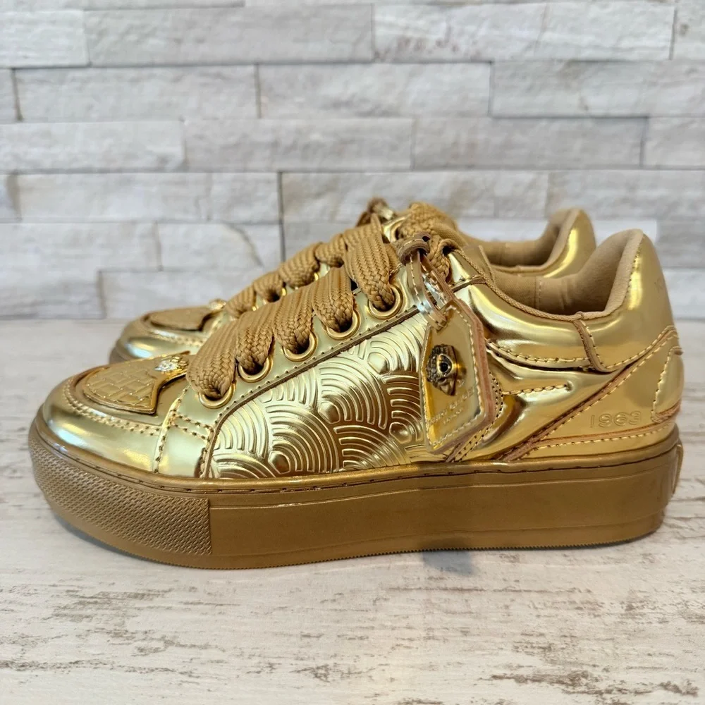 Kurt Geiger London Women's Southbank Tag Gold Metallic Platform Sneakers NEW